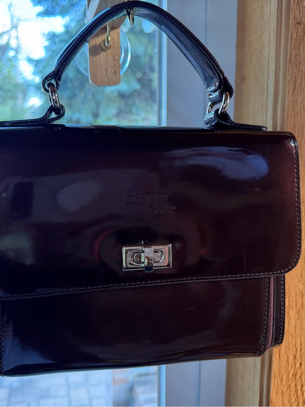 Beigo Metallic Dark Brown Patent Top-Handle Women’s Bag - Picture 2 of 15